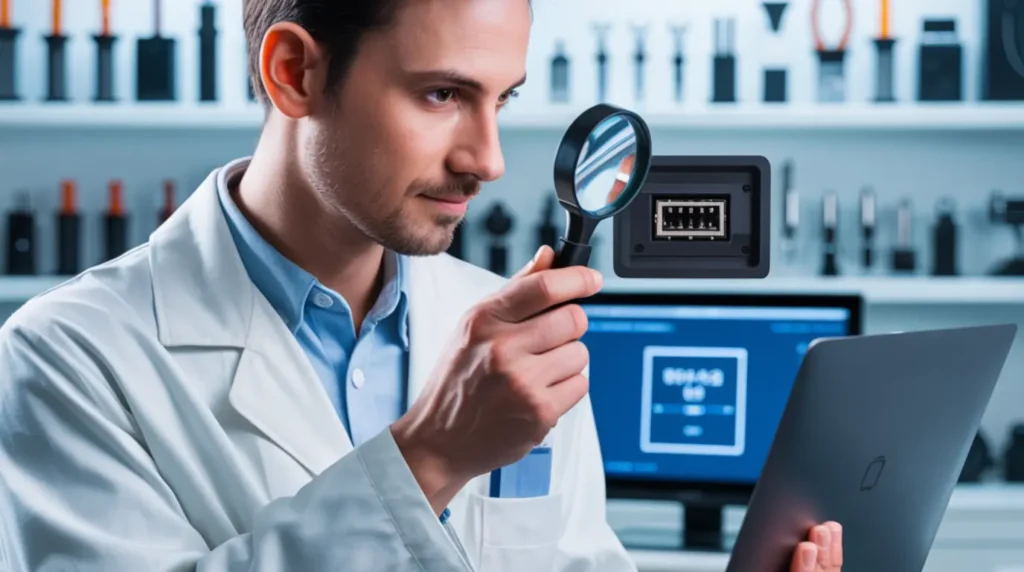 A professional technician inspecting a laptop display port connection to diagnose and repair second screen projection lag.