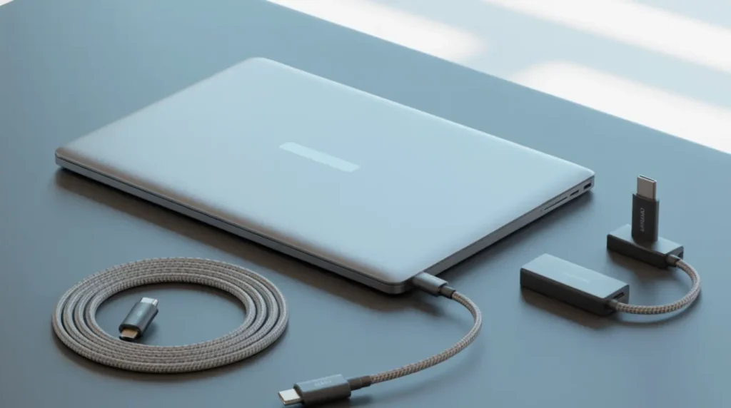 A laptop displayed alongside a quality HDMI cable and DisplayPort adapter representing prevention of second screen projection lag.