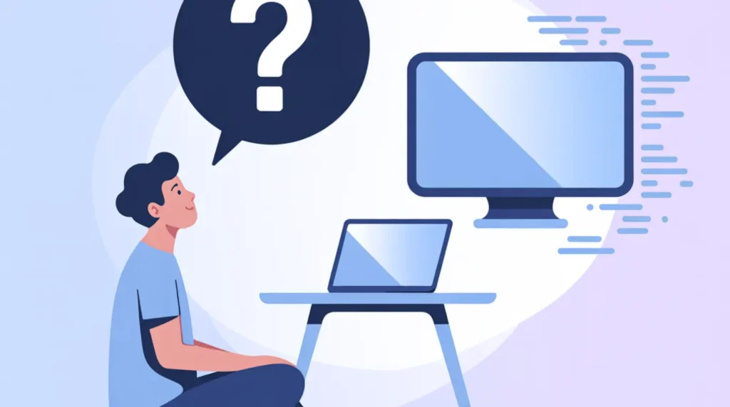 A friendly FAQ illustration showing a person with a floating question mark beside a laptop and lagging second monitor display.