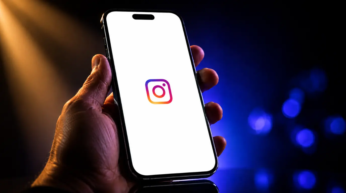 A modern smartphone displaying a completely blank white Instagram screen, showing the common Instagram white screen problem on iOS and Android.