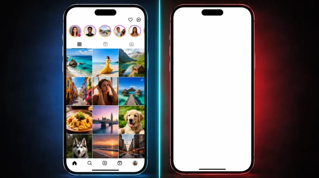 Split-screen comparison showing a working Instagram feed on the left and a blank white screen caused by a corrupted app cache on the right.