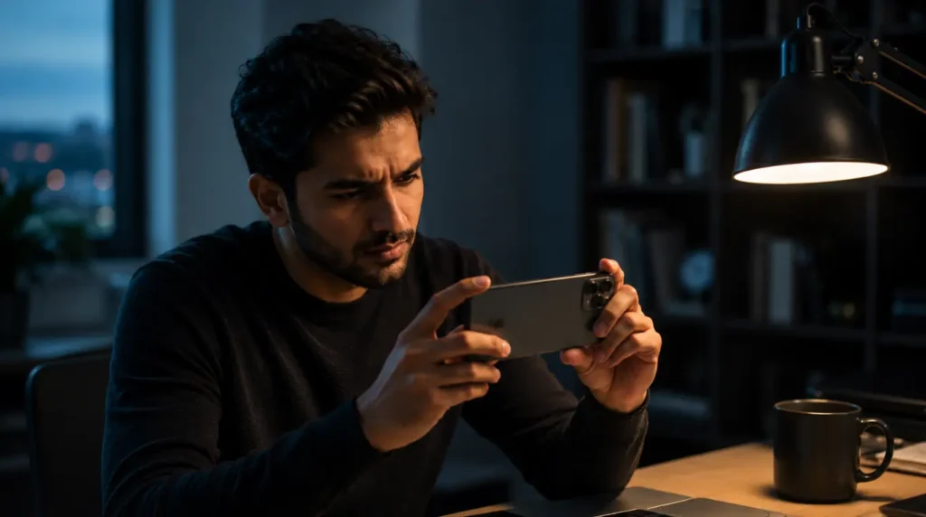 A person examines their smartphone displaying the Instagram white screen issue, carefully checking the blank display to diagnose the cause.