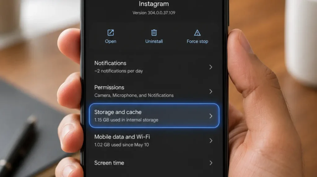 Hands navigating Android Settings to clear Instagram app cache, the most effective fix for the Instagram white blank screen problem.