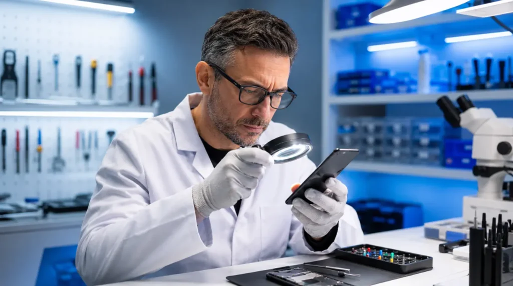 A certified mobile repair technician examines a smartphone display under a magnifying loupe to diagnose a hardware-related white screen issue.
