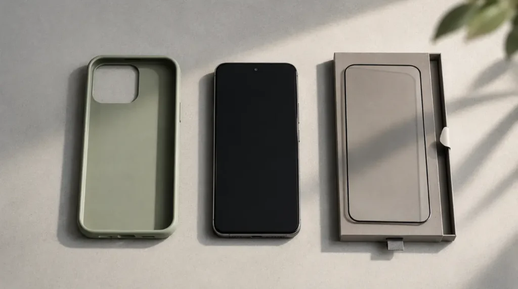 A smartphone displayed alongside a protective case and screen protector, representing prevention strategies to avoid the Instagram white screen problem recurring.