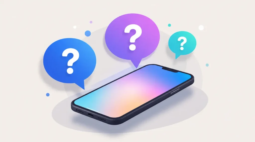 A smartphone surrounded by floating question mark speech bubbles, representing frequently asked questions about the Instagram white screen and blank screen issue.