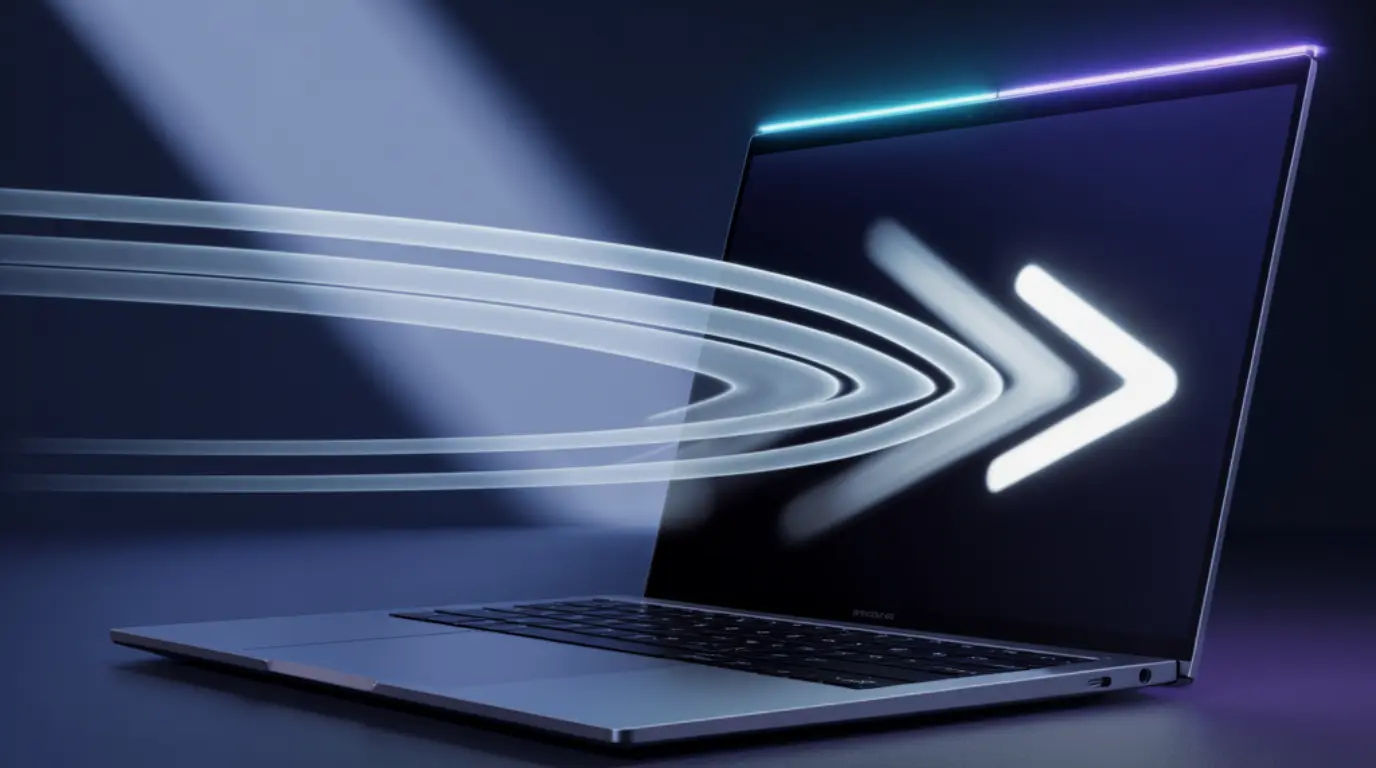 A laptop screen showing ghosting trails behind a moving cursor against a dark navy desktop background.