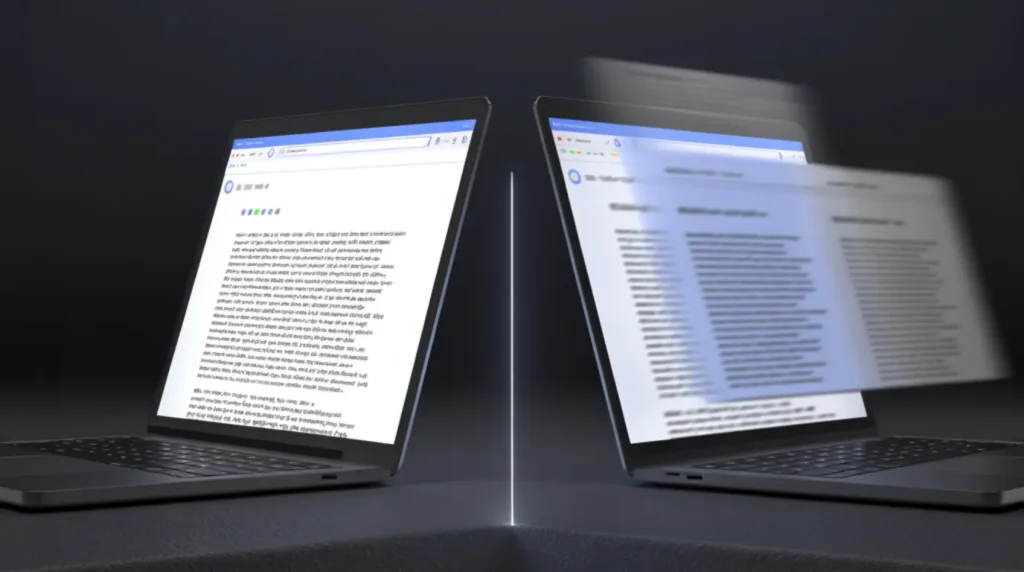 Side-by-side comparison of a normal laptop screen versus a screen with visible ghosting caused by slow pixel response time.