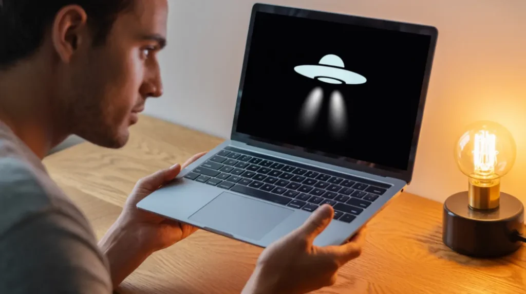 A person holding a laptop facing the camera with a UFO ghosting test visible on the screen to diagnose display issues.