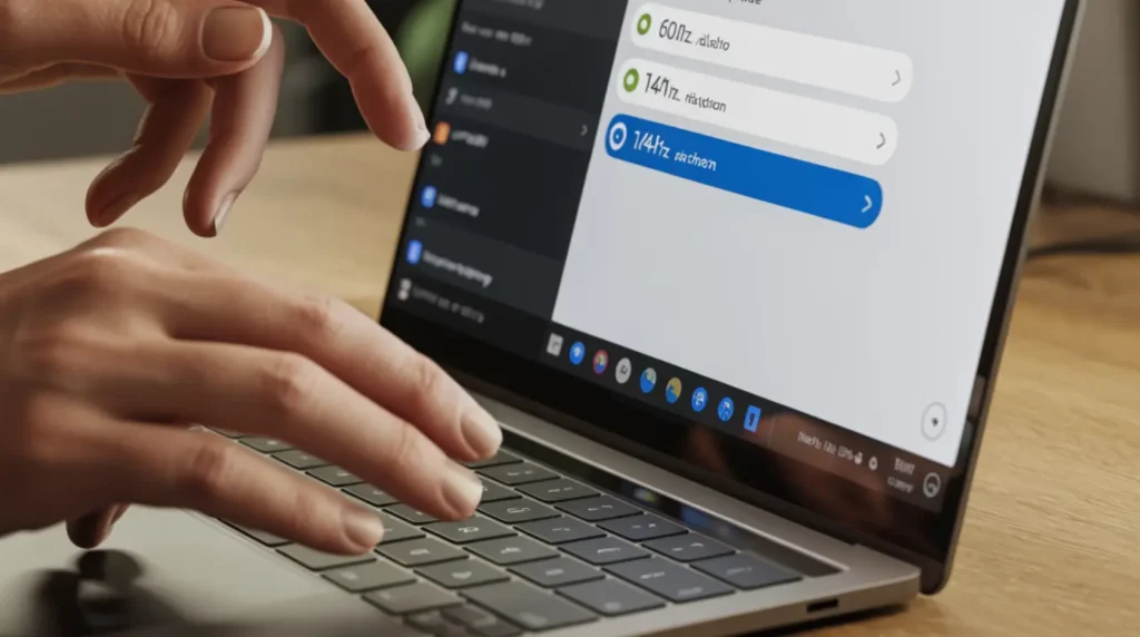 Hands on a laptop trackpad with Windows Advanced Display Settings open showing refresh rate options to fix ghosting.