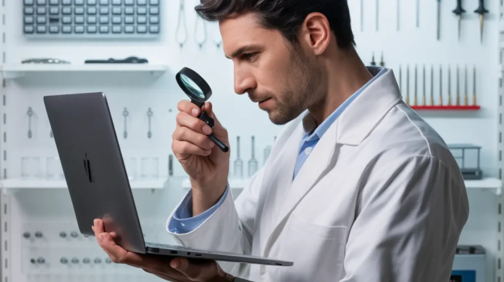 A professional technician examining a laptop screen with a magnifying loupe in a clean repair workshop environment.