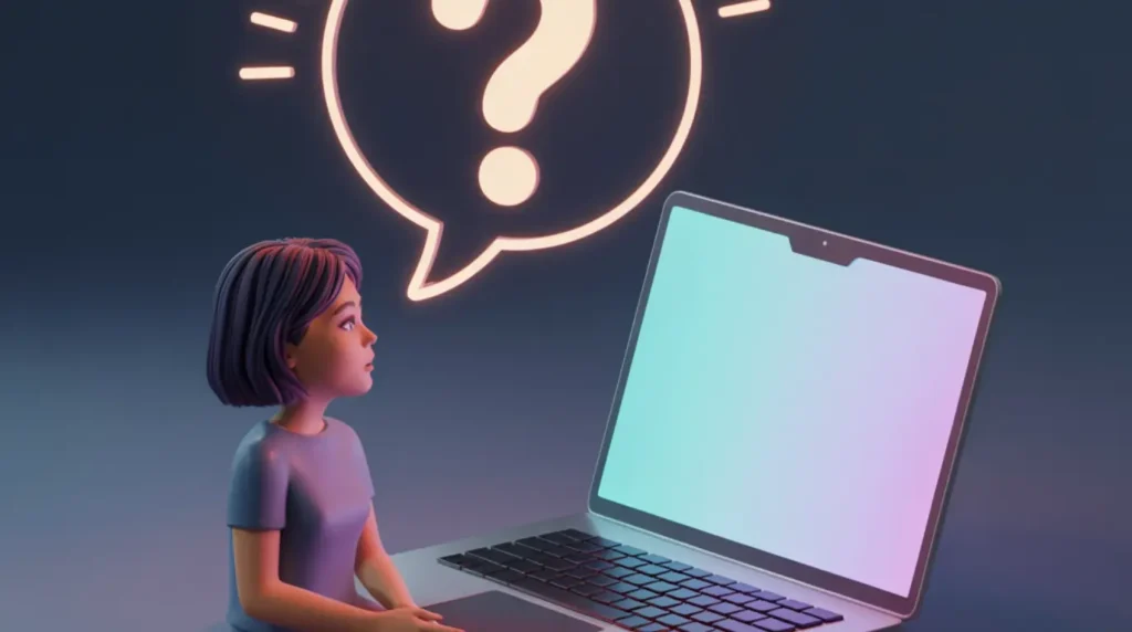 A stylized illustration of a person with a floating question mark and glowing laptop representing laptop screen ghosting FAQ answers.