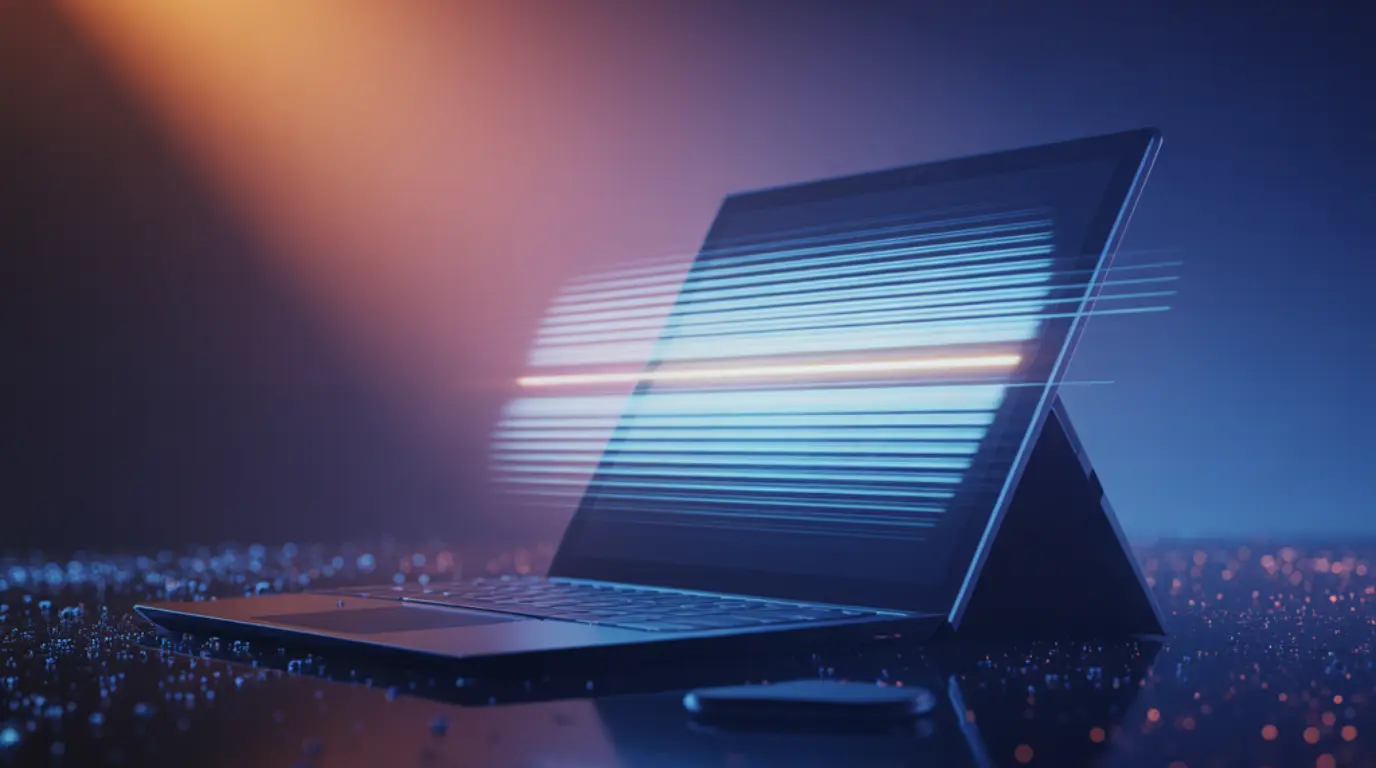 A Microsoft Surface Pro displaying a flickering screen with visible horizontal light bands, photographed against a dark background with dramatic blue-purple lighting.