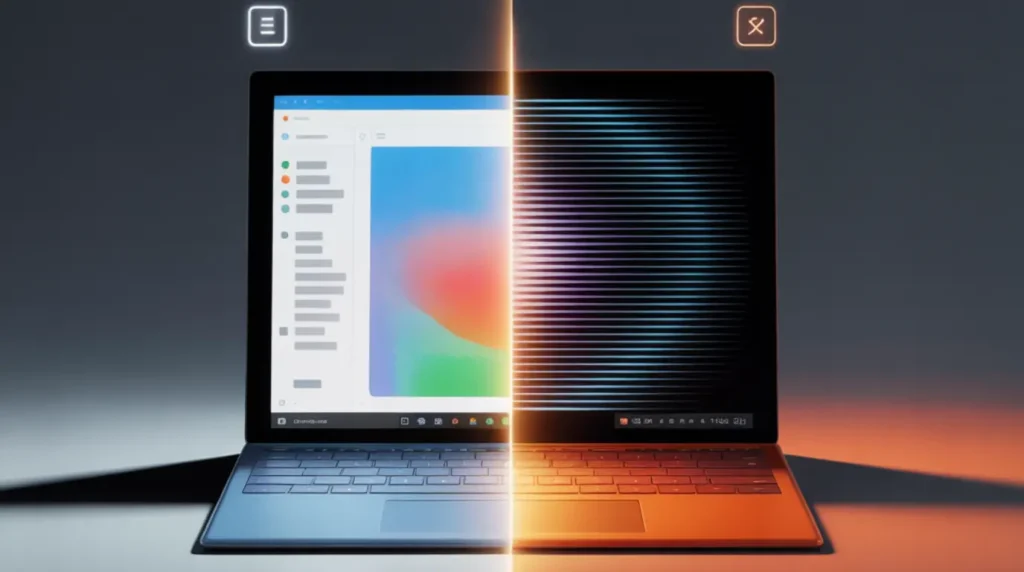 Side-by-side comparison of a healthy Microsoft Surface display versus a Surface screen flickering with distorted lines, showing common causes of display instability.