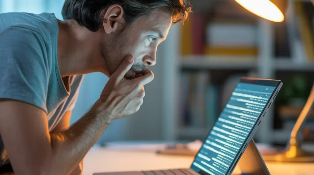 A person tilting a Microsoft Surface Pro to diagnose a flickering screen issue, examining the display closely under warm desk lamp light.