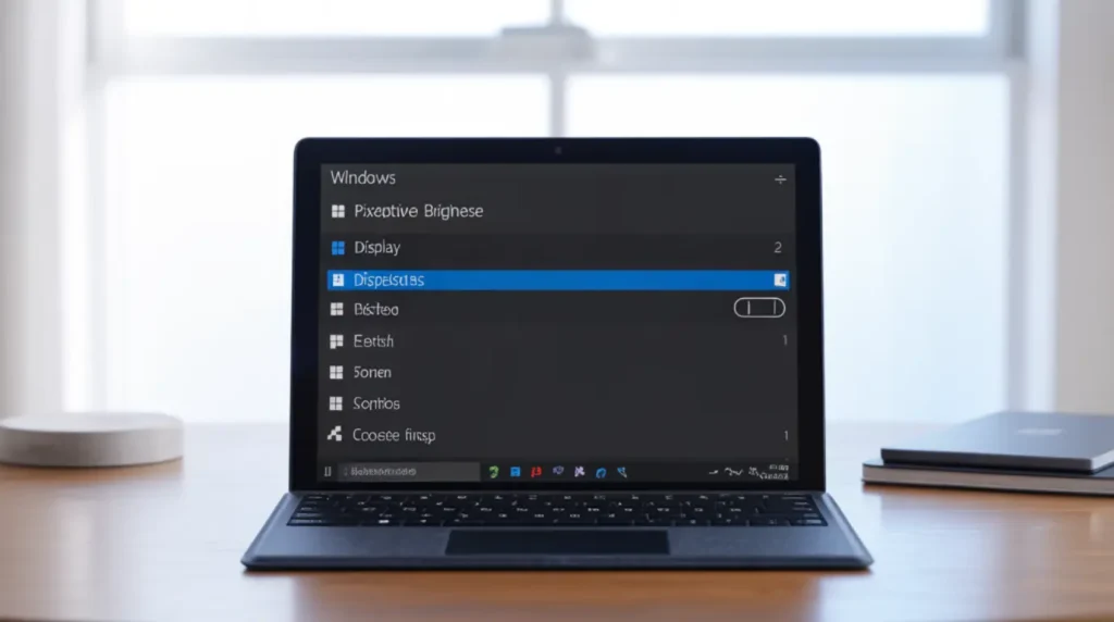 Hands adjusting the adaptive brightness setting in Windows 11 Display settings on a Microsoft Surface to fix a flickering screen problem.