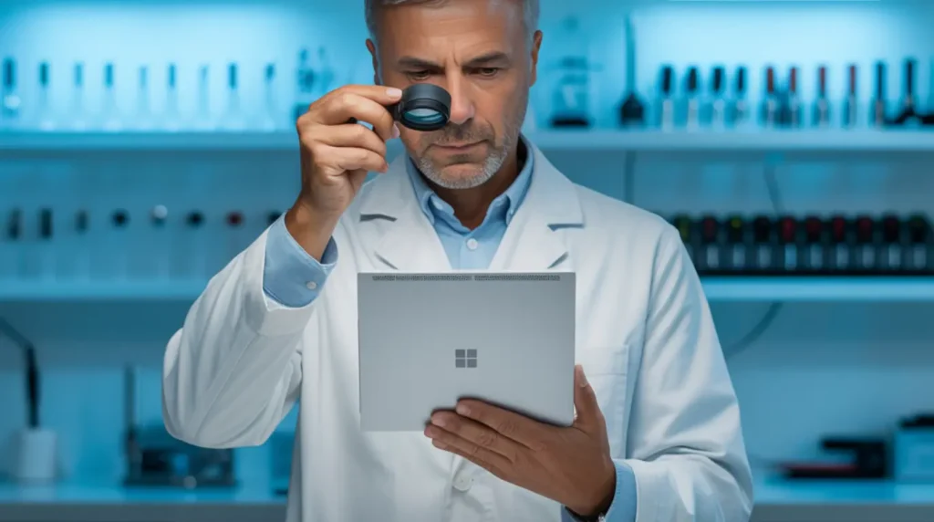 A professional repair technician inspecting a Microsoft Surface Pro screen with a magnifying loupe, assessing the display for hardware repair needs.