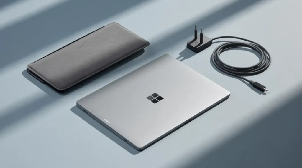 A Microsoft Surface Pro displayed alongside a protective sleeve and official power adapter, illustrating prevention tips to avoid screen flickering damage.