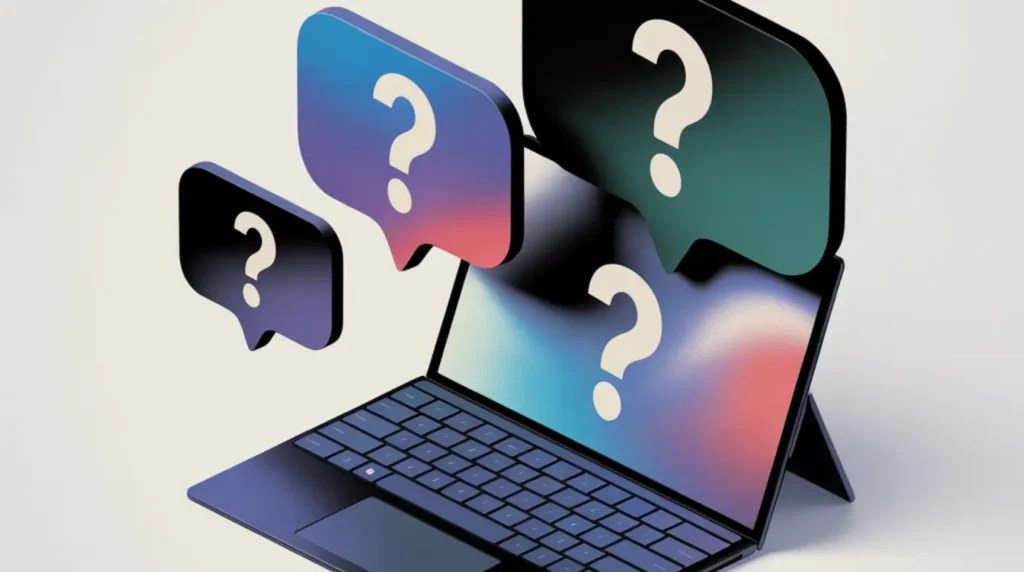 A Microsoft Surface Pro surrounded by floating question mark bubbles, representing common questions about Surface screen flickering problems and solutions.
