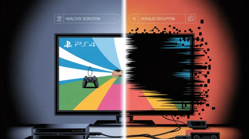 Side-by-side comparison of a healthy PS4 display output versus a PS4 screen showing HDMI signal flickering and interference.