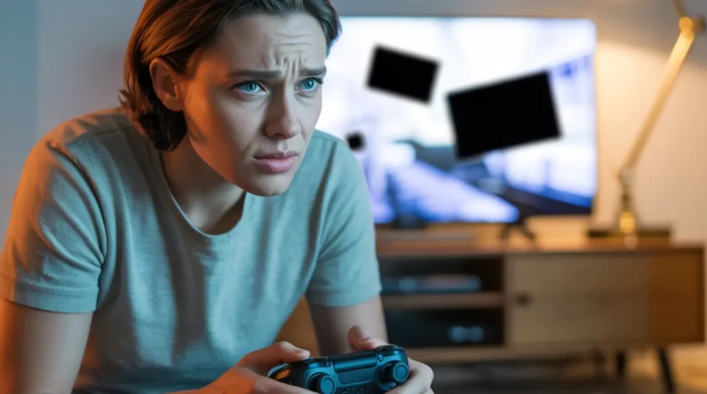 A person examining a television screen showing PS4 screen flickering symptoms while troubleshooting the display issue at home.