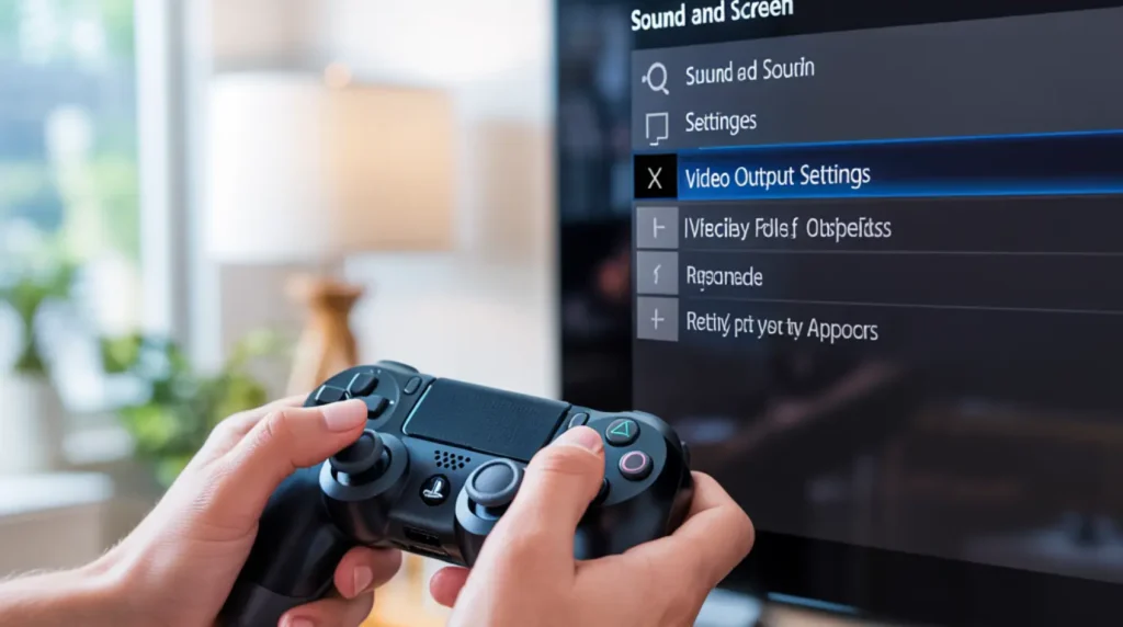 Hands navigating PS4 video output settings on a television screen to fix PS4 screen flickering through the Deep Colour menu.