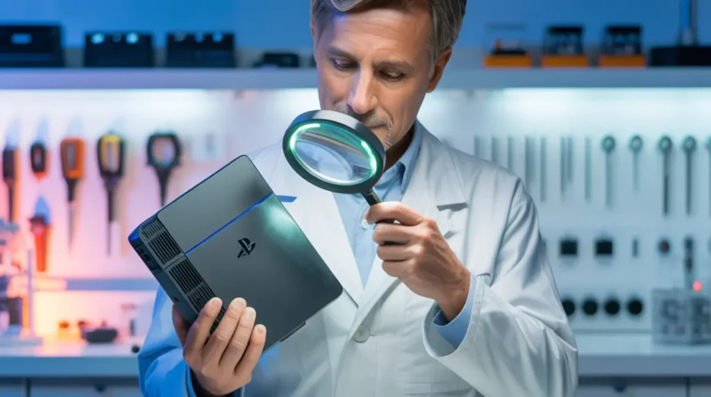 A professional technician examining a PS4 HDMI port under magnification for repair diagnosis at a specialist workbench.