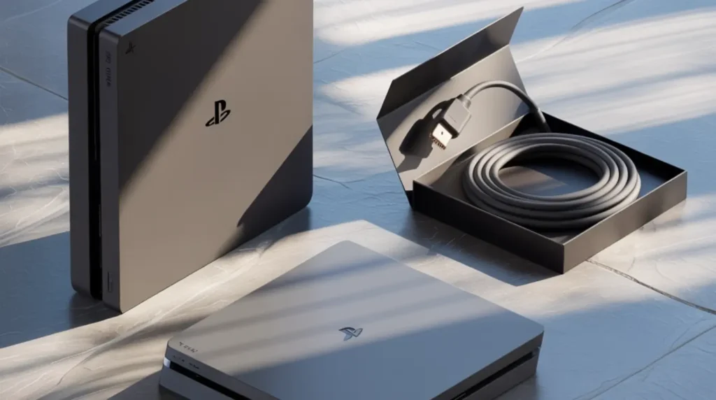 A PS4 Slim console displayed alongside a ventilated stand and HDMI cable representing screen flickering prevention accessories.