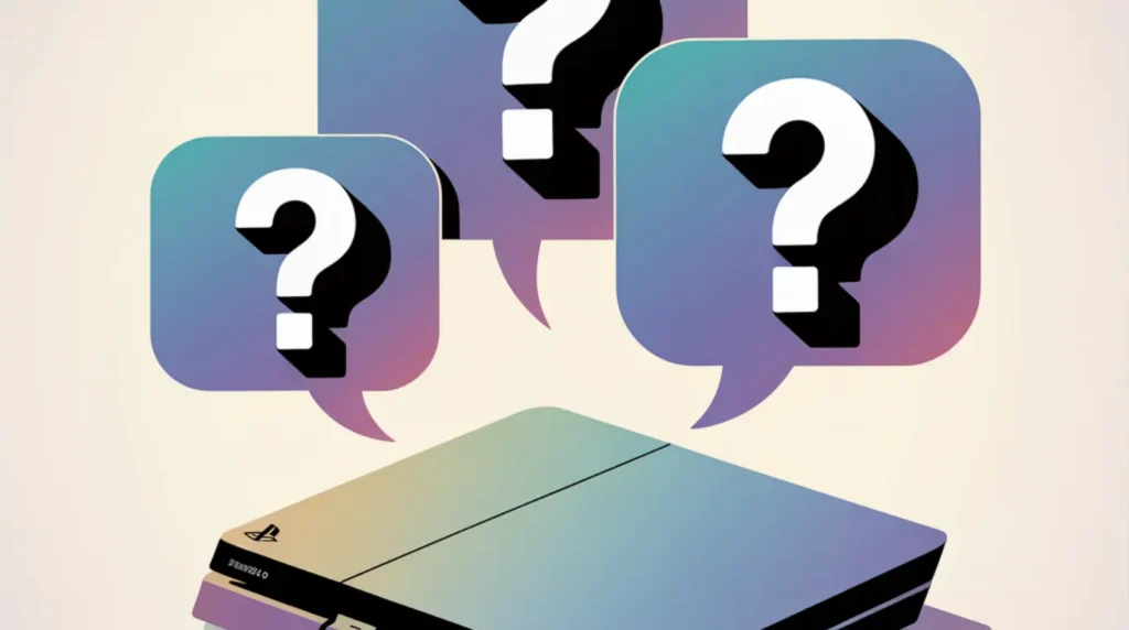 A PS4 console illustration with floating question mark speech bubbles representing frequently asked questions about screen flickering.