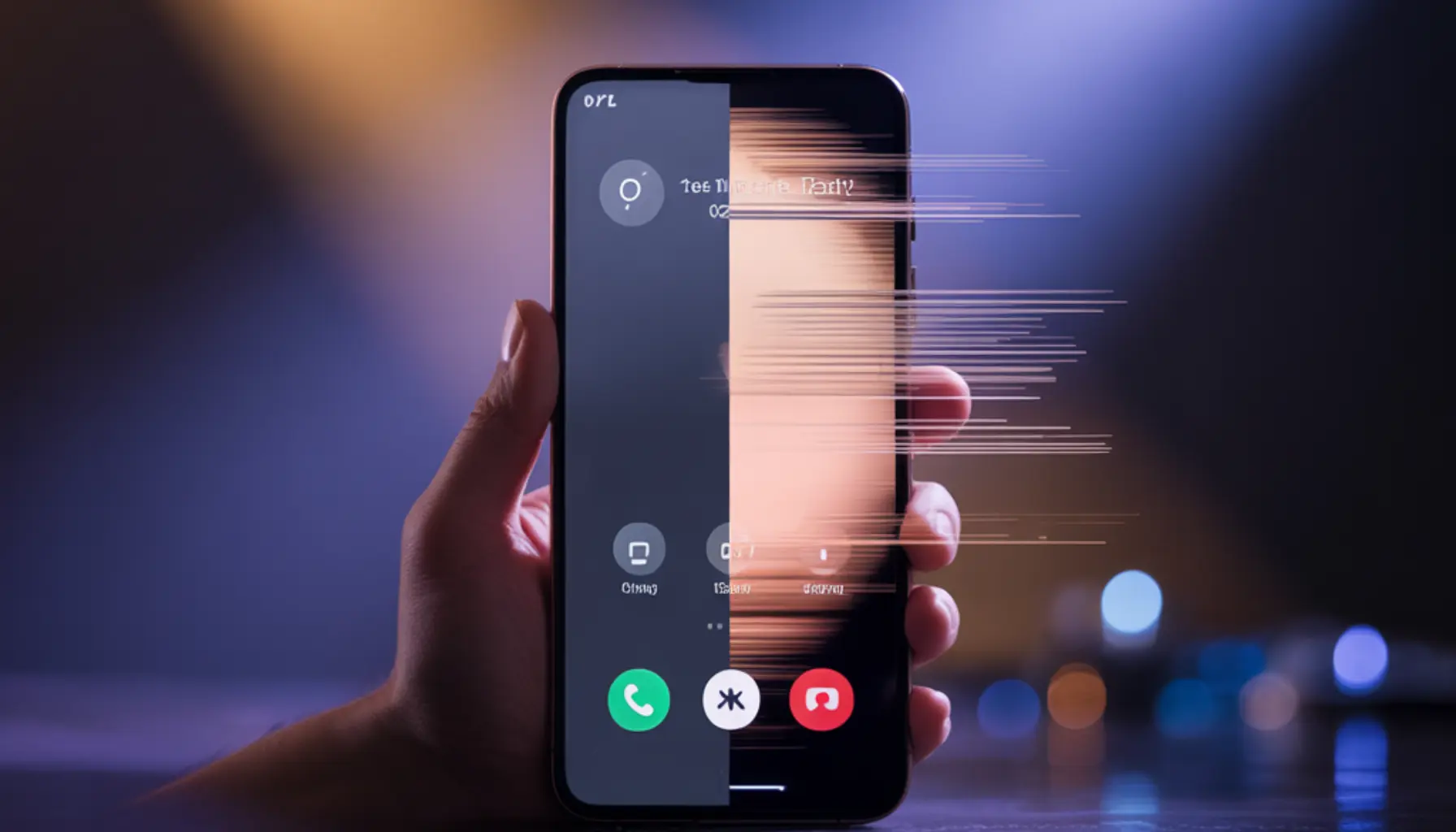 A smartphone screen shows visible flickering during an active phone call, with brightness banding across part of the display.