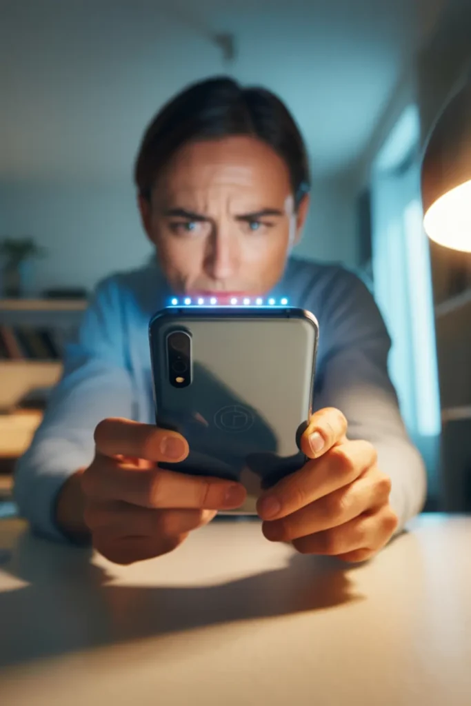 A person closely examines the top of their phone near the proximity sensor area while diagnosing screen flickering during calls at home.