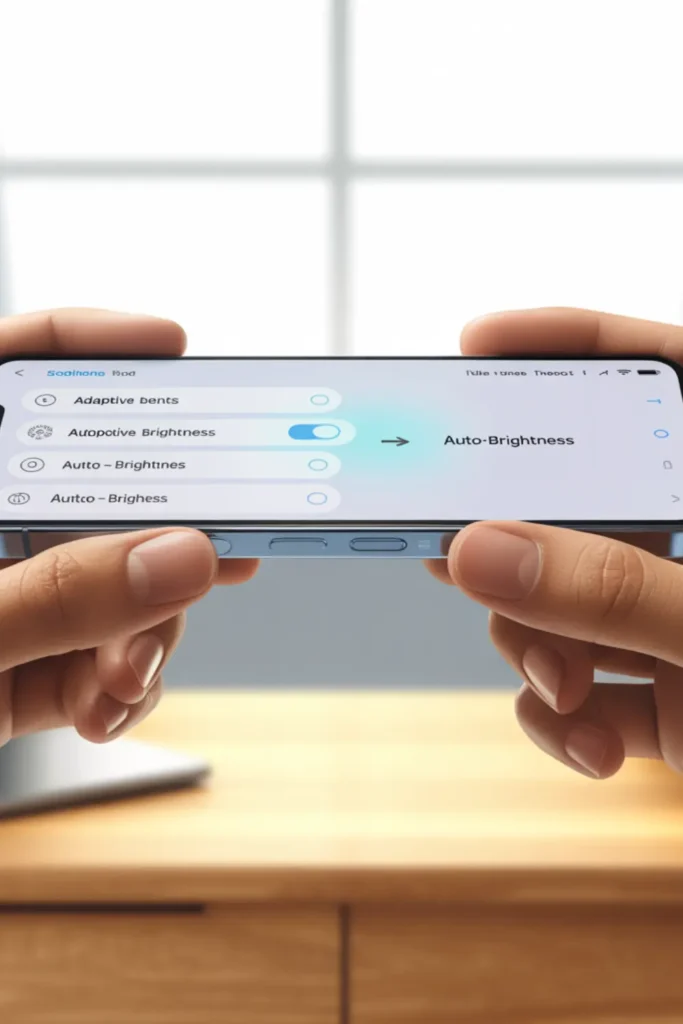 Hands navigate a phone's display settings to disable auto-brightness as a fix for screen flickering during calls.