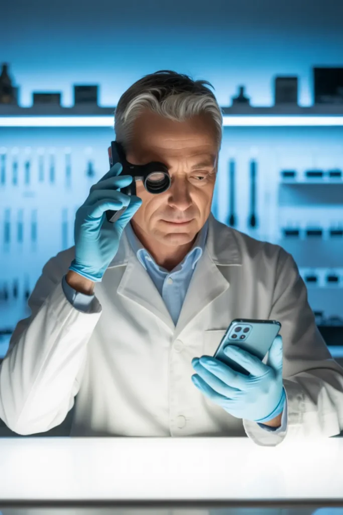 A phone repair technician examines the proximity sensor area of a smartphone under magnification to diagnose screen flickering issues.