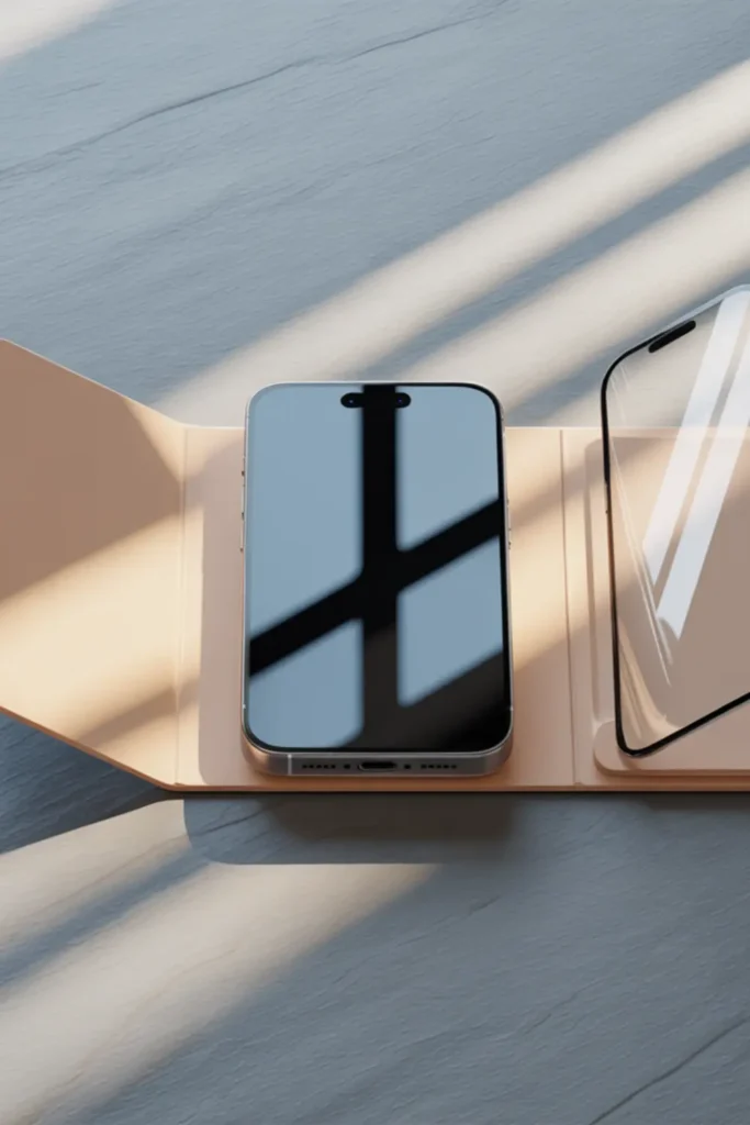 A phone displayed alongside a protective case and tempered glass screen protector to illustrate prevention of screen damage and flickering.