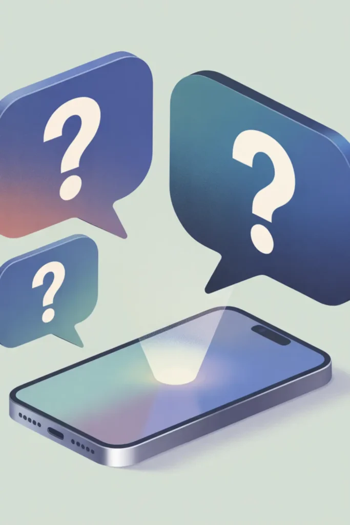 A smartphone surrounded by floating question mark bubbles, representing common questions about screen flickering during phone and video calls.