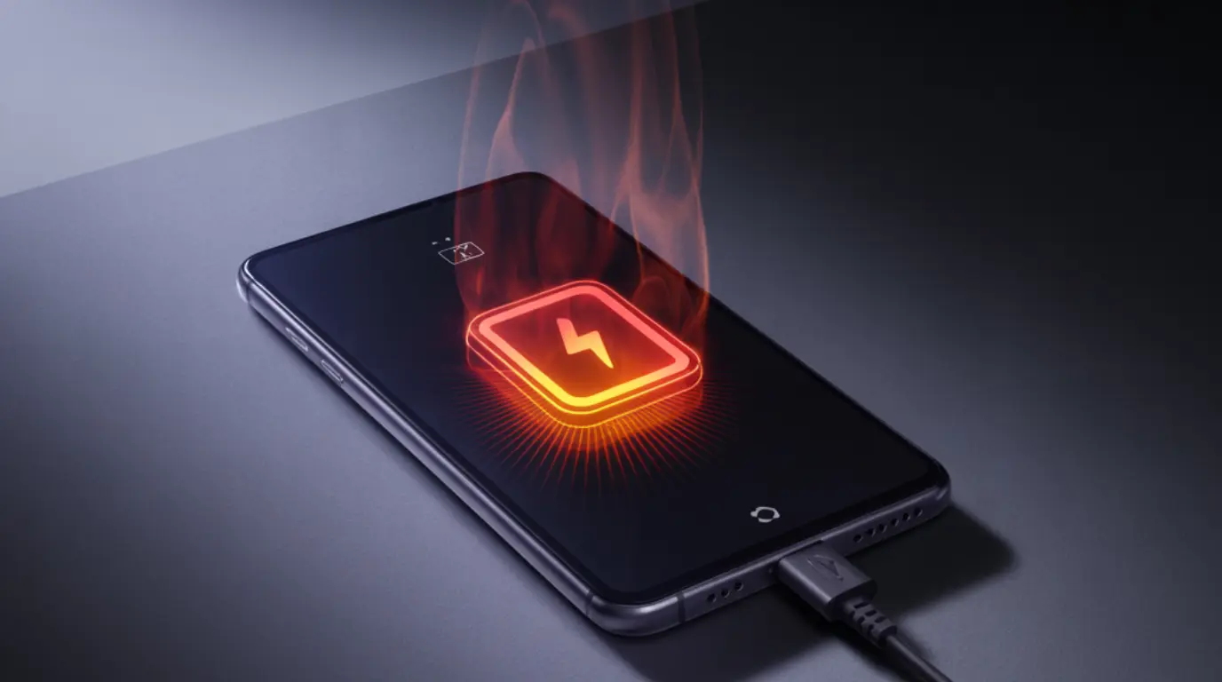 A smartphone screen overheating while charging, showing a heat warning icon with visible shimmer on a dark studio background.