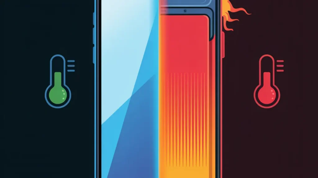 Side-by-side comparison of a healthy phone screen versus one with heat damage caused by screen overheating while charging.