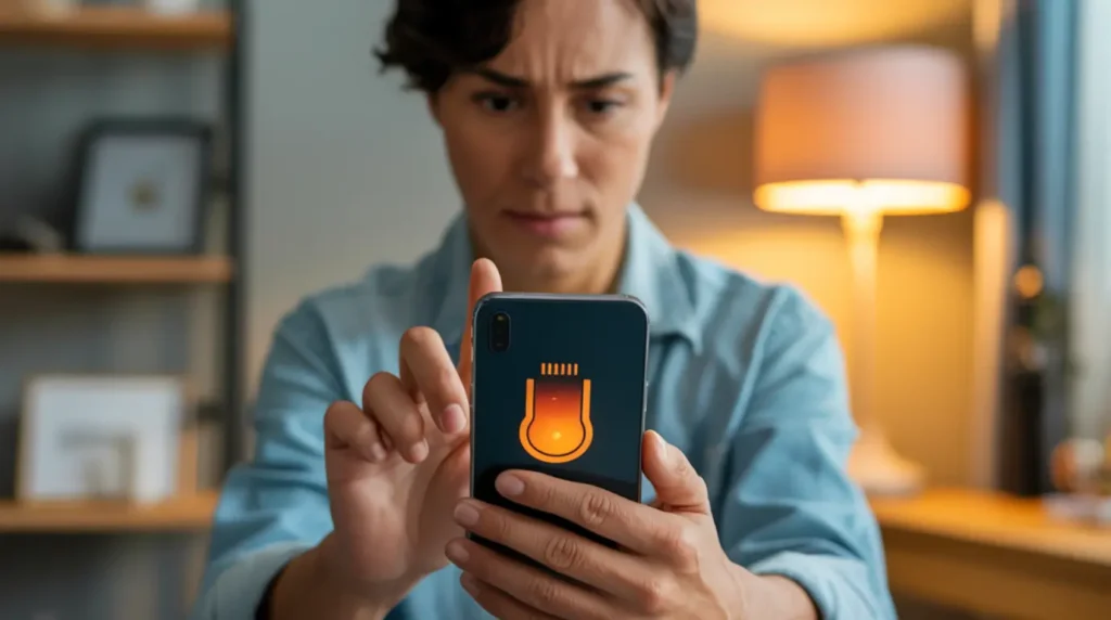 A person closely examining a smartphone screen showing a temperature warning while diagnosing screen overheating during charging.