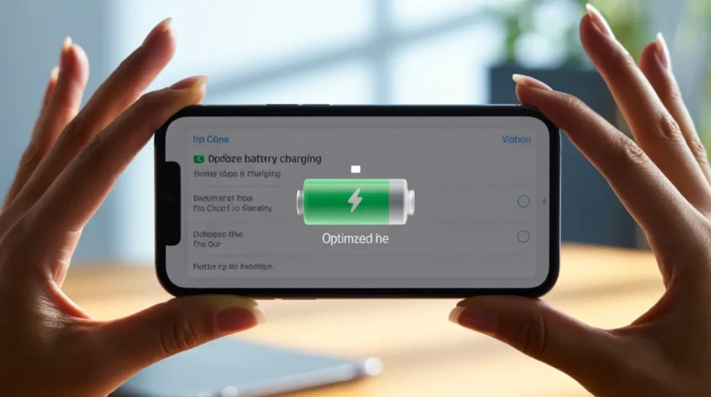 Hands navigating phone battery settings to enable optimized charging as a fix for screen overheating while charging.