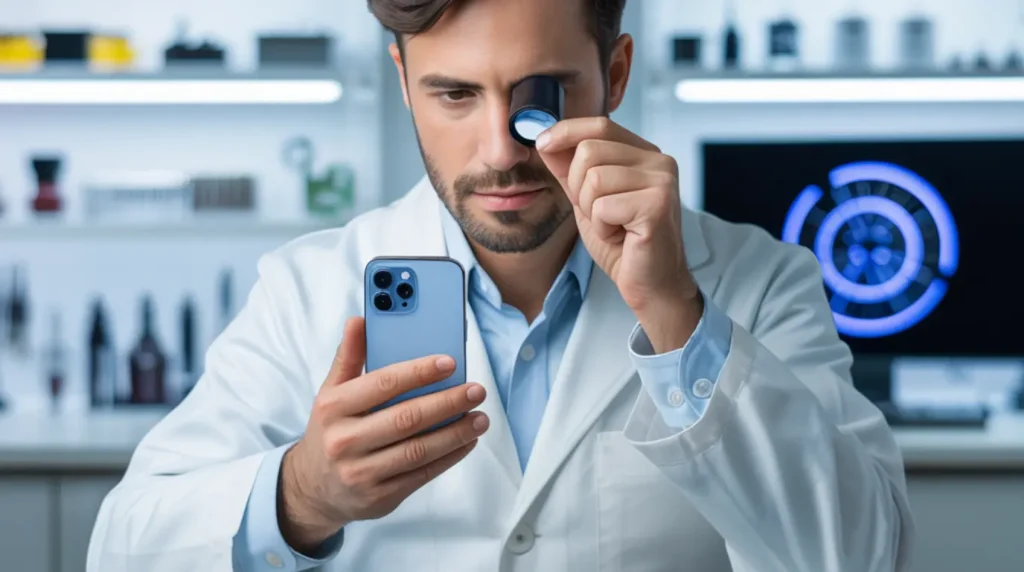 A professional repair technician examining a smartphone screen with a magnifying loupe to diagnose overheating damage from charging.