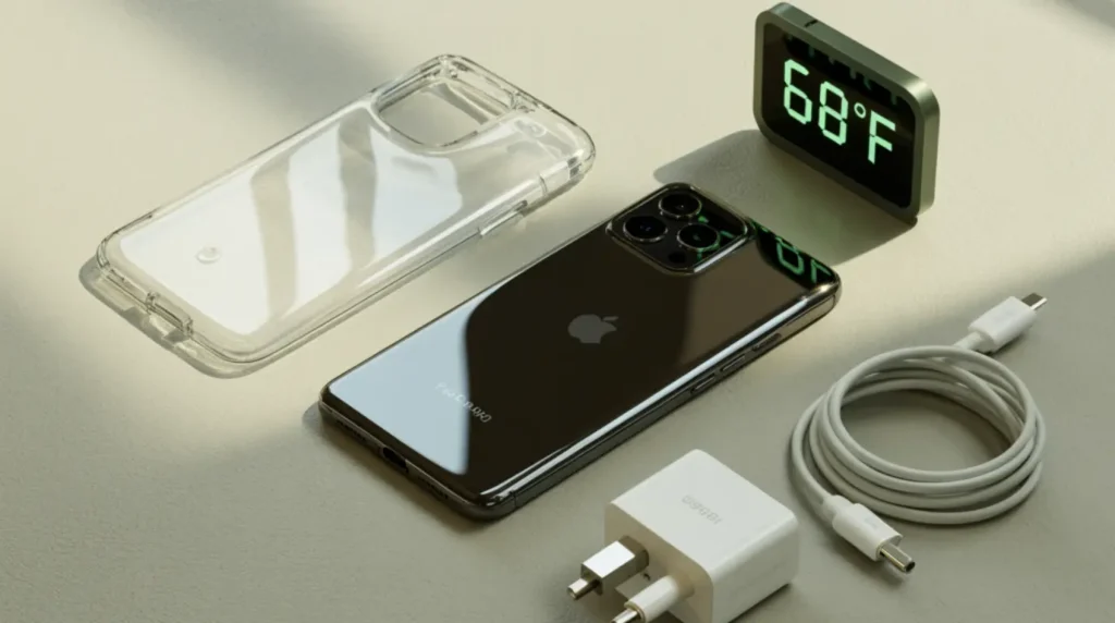 A smartphone displayed with its original charger and protective accessories as prevention tools against screen overheating while charging.
