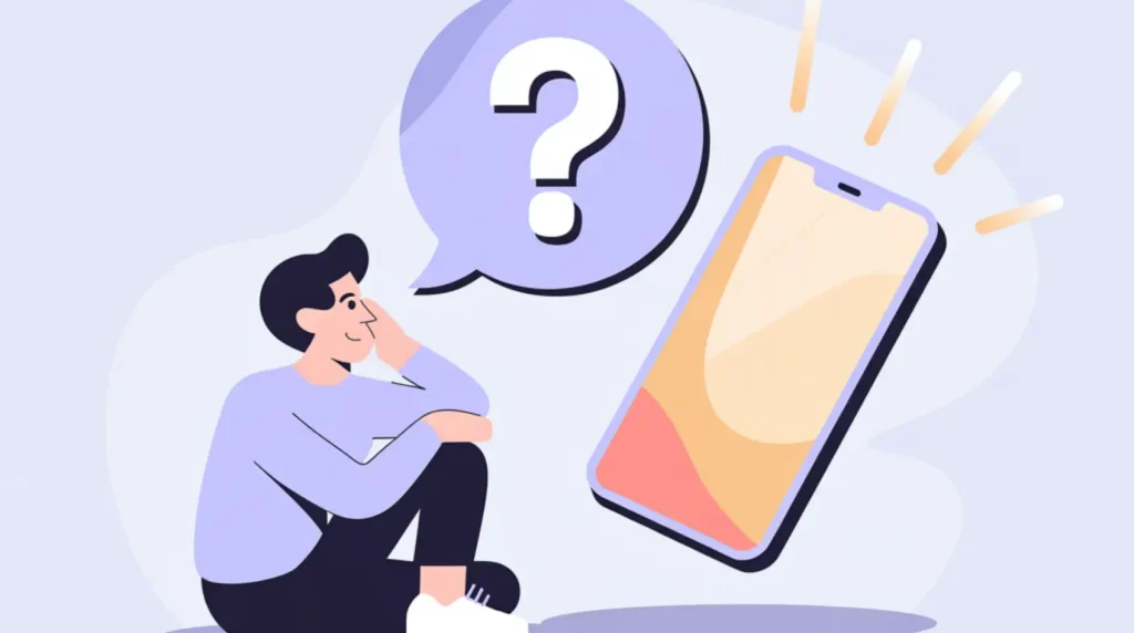 A friendly illustration of a person with a floating question mark and glowing phone representing common questions about screen overheating while charging.
