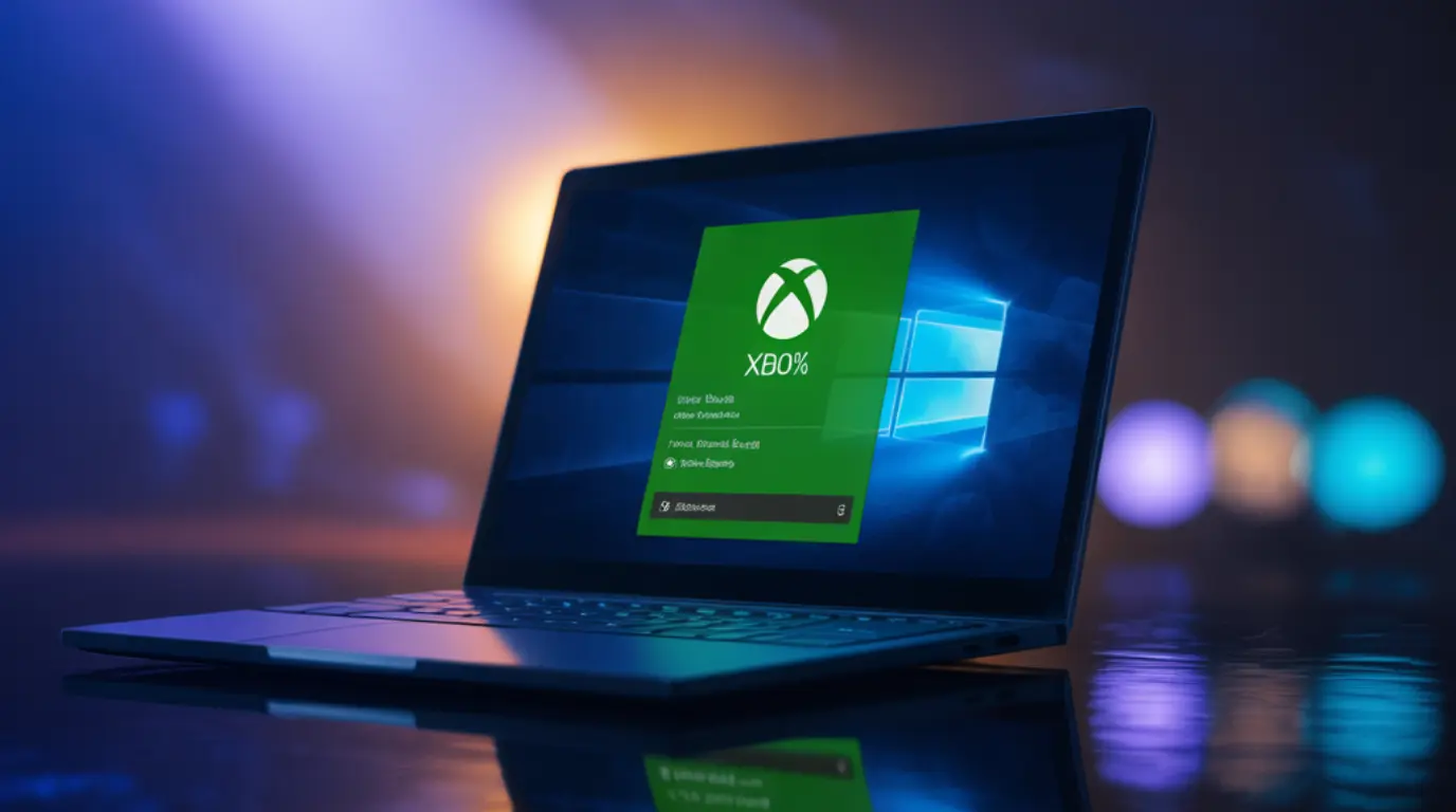 A Windows laptop showing the Xbox app frozen on an update screen with the progress bar stuck at zero percent, illustrating the xbox app stuck on updating problem.