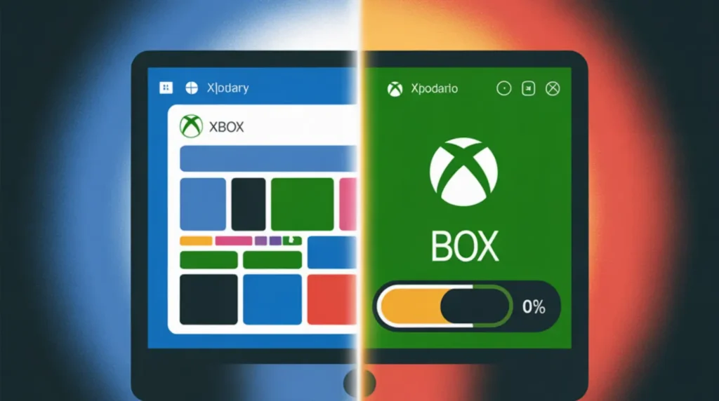 Side-by-side comparison of a working Xbox app on the left and the Xbox app stuck on an update loop on the right, showing the contrast between a healthy and corrupted Gaming Services state.