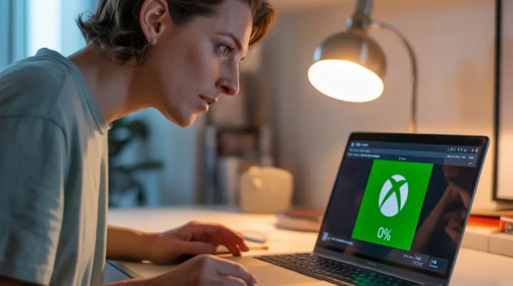 A person at a home desk carefully examining a laptop showing the Xbox app stuck on updating, leaning forward with a look of focused concern while diagnosing the problem.