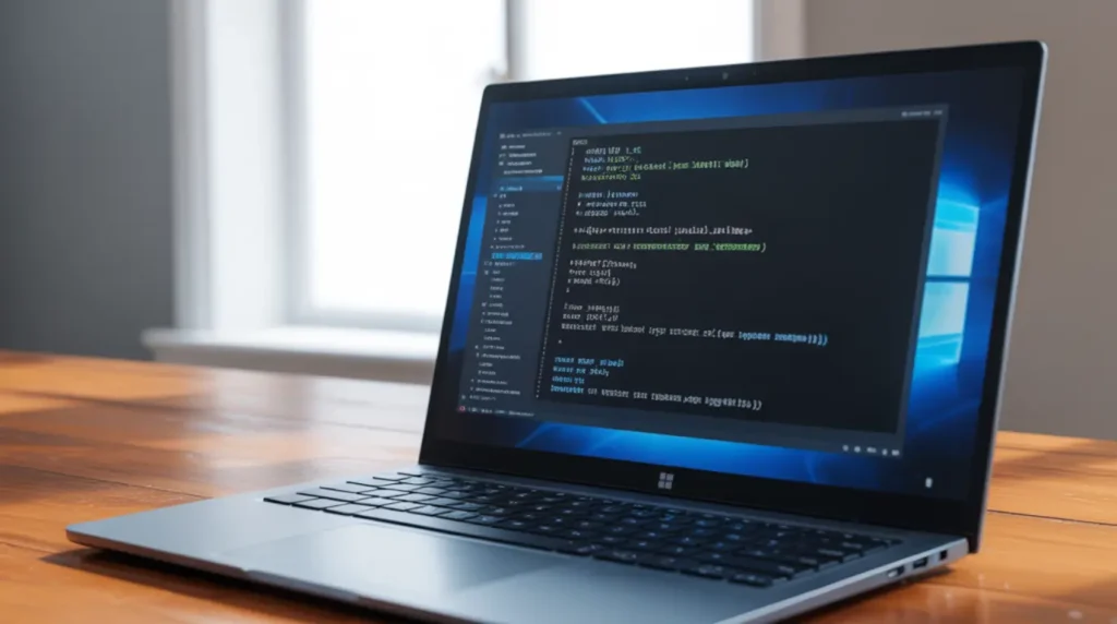 Hands holding a laptop open to a PowerShell window, executing the Gaming Services reinstall command to fix the Xbox app stuck on updating issue on Windows 11.