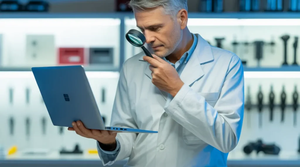 A professional IT technician examines a Windows laptop at a repair workbench, assessing a persistent Xbox app update failure that could not be resolved through standard troubleshooting steps.
