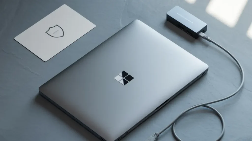 A Windows laptop centered between protective accessories including a wired ethernet connection, representing preventive steps to stop the Xbox app from getting stuck on updating.
