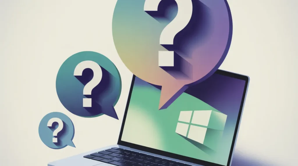 A laptop with a glowing screen surrounded by floating question mark speech bubbles, representing frequently asked questions about the Xbox app stuck on updating on Windows PC.