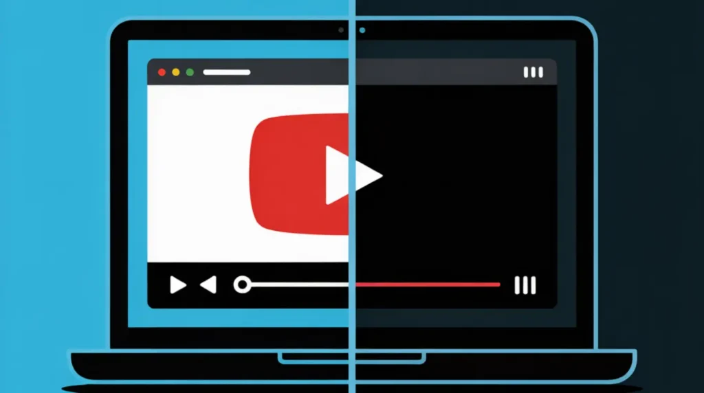 Split comparison showing a working YouTube video on the left and a black screen with audio on the right.